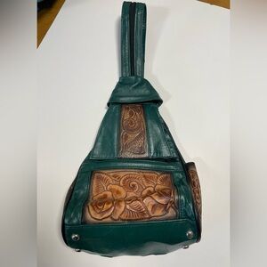 Vintage Leather Sling Backpack 2 In 1 Bag Mexican Hand Tooled 90s Boho Green Tan